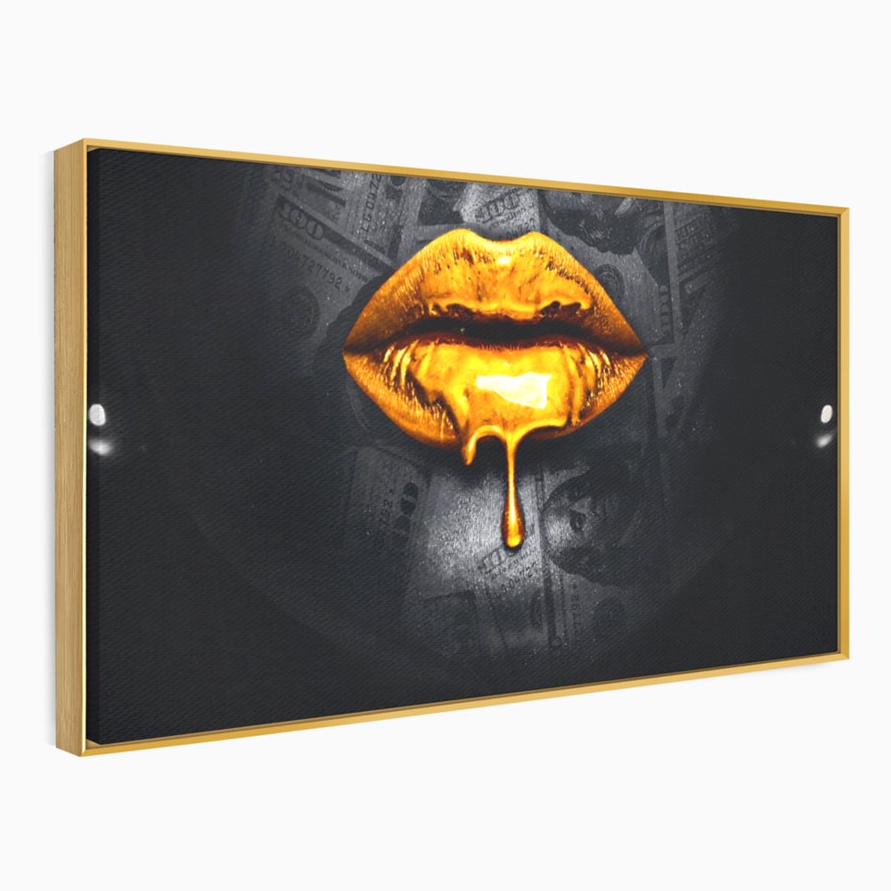Tablou canvas cu buze aurii cu picatura si bancnote, in rama de aluminiu auriu